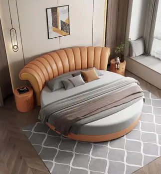 Улучшите Свой сон с помощью Круглой Кожаной кровати MINGDIBAO с Итальянскими Двуспальными кроватями из натуральной кожи на 2 персоны