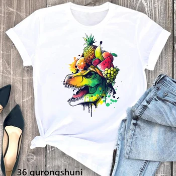 Футболка с акварельным принтом динозавра, Женская одежда, футболка с фруктами ананаса, Женская белая футболка с коротким рукавом, женская уличная одежда