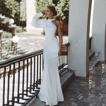 Элегантное свадебное платье Русалки 2022 с круглым вырезом на одно плечо и пышными рукавами без спинки, атласное свадебное платье на заказ, Vestidos de Novia